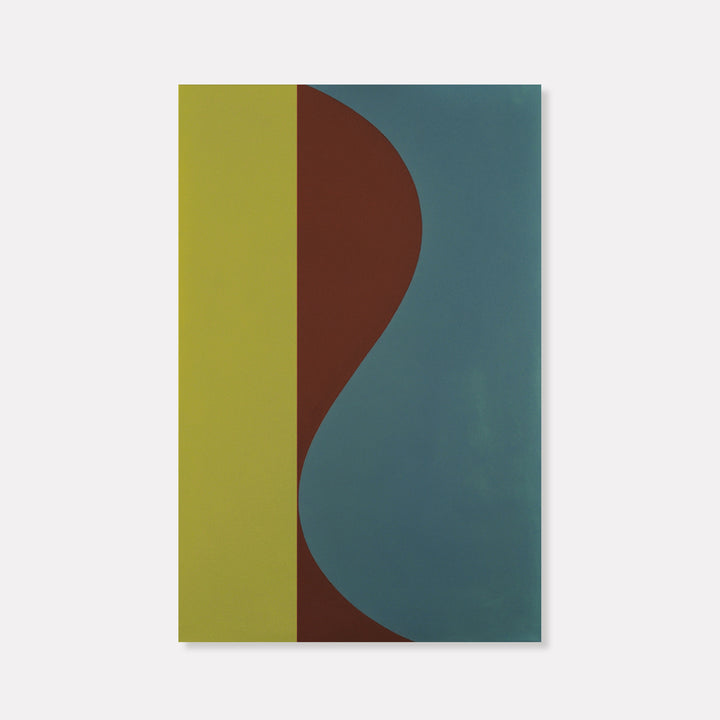 The artwork 'Diversion' by Shyun Song features a minimalist geometric composition with a vertical chartreuse yellow stripe alongside flowing curves in rich terracotta brown and muted teal blue, creating a harmonious balance of color blocks on oil canvas. The smooth, clean lines suggest modern abstract design principles by Shyun Song.
