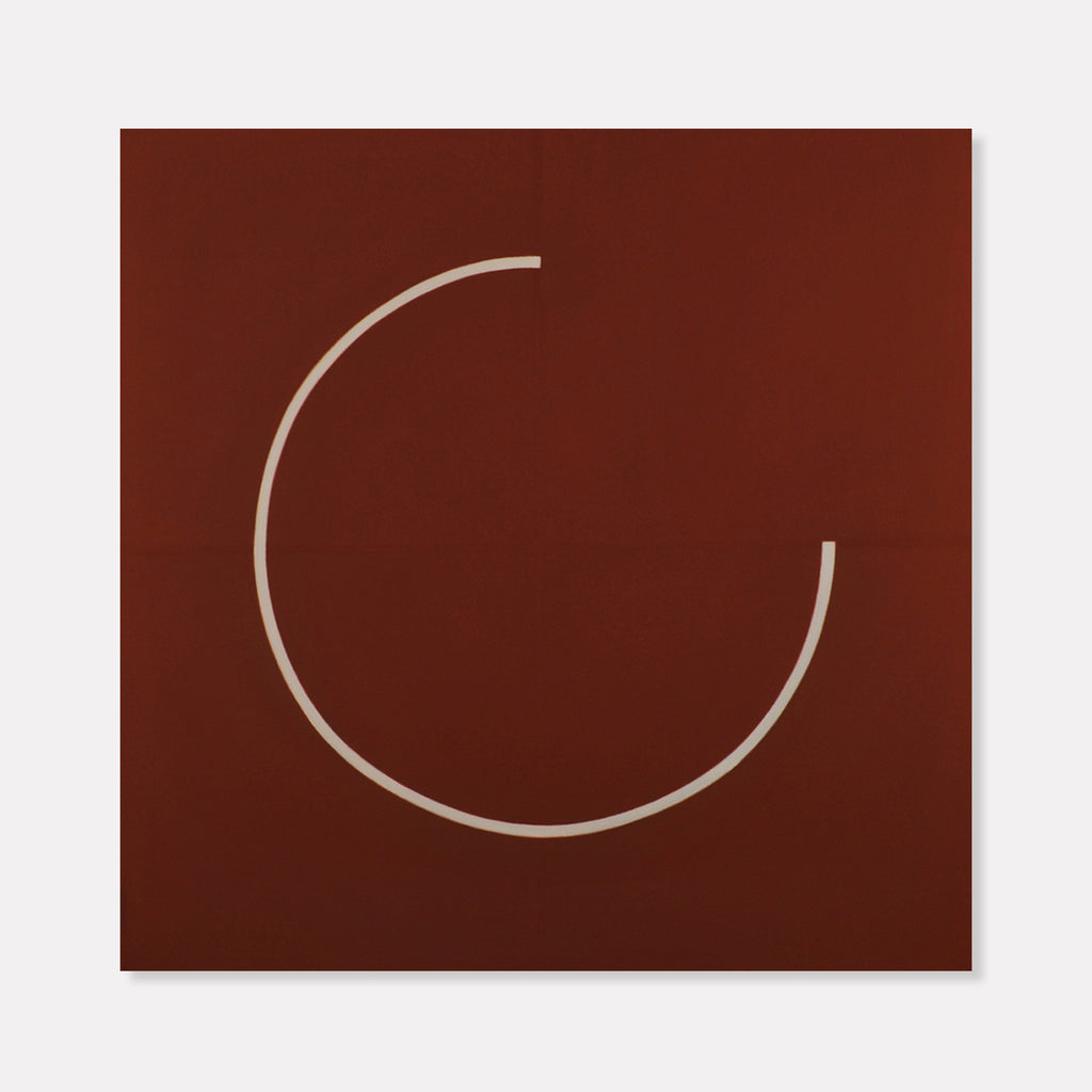 The artwork 'Quest' by Shyun Song features a minimalist design on a rich burgundy background, showcasing an incomplete circle rendered in light gray. The abstract composition, painted in oil on canvas, creates a sense of perpetual motion and contemplative space through its simple yet powerful geometric form. 40x40 inches. By Shyun Song.