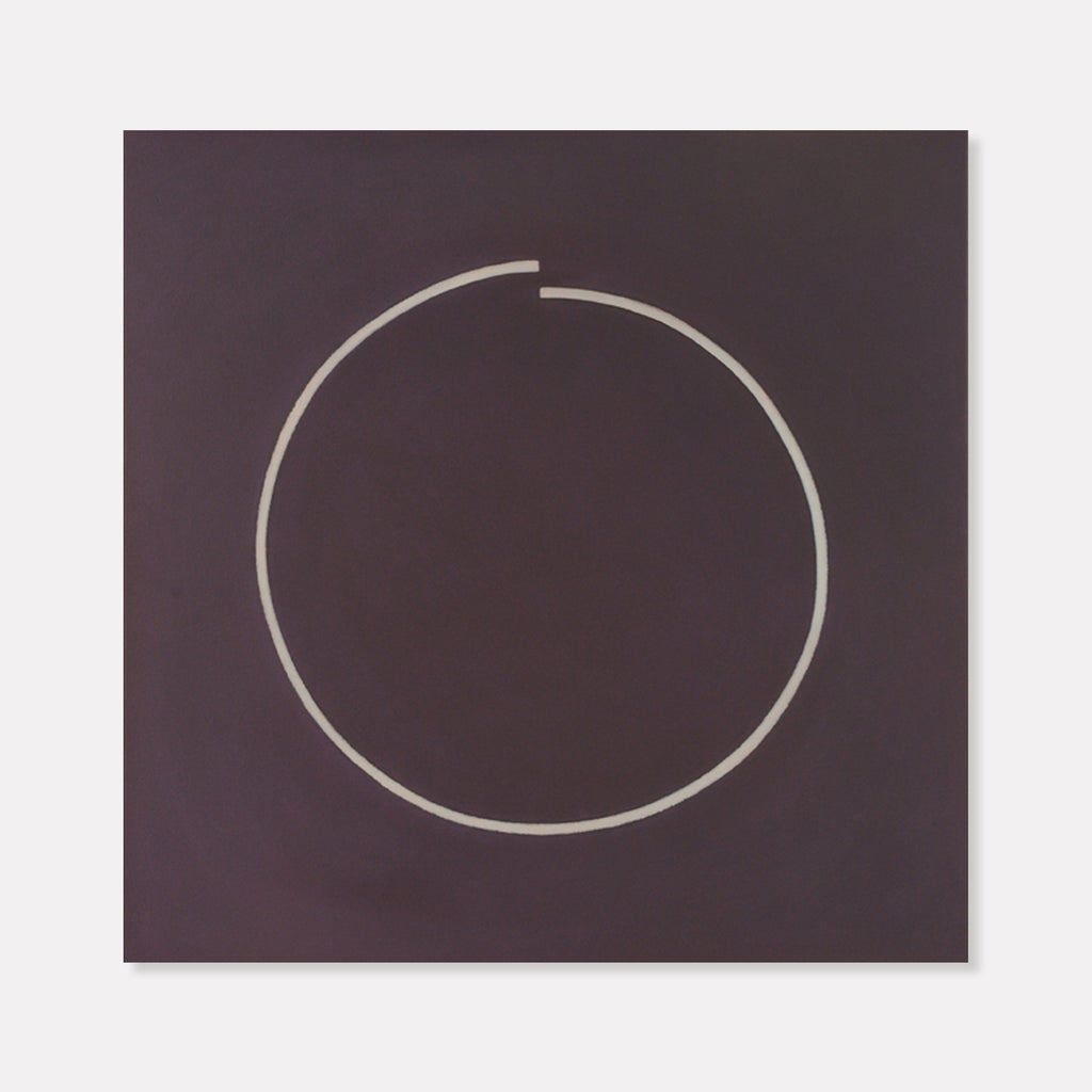 The artwork 'Leap' by Shyun Song features a minimalist design with a nearly complete circle rendered in light gray against a deep aubergine background. The oil on canvas painting, sized 40x40 inches, showcases a subtle break in the circular form, creating a sense of movement and incompleteness. The stark geometric composition embodies contemporary abstract aesthetics by Shyun Song.