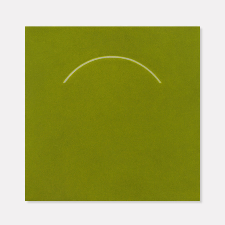 The artwork 'Flight' by Shyun Song features a minimalist composition with a single white curved arc against a vibrant olive green background. The delicate curved line suggests movement and lightness, painted with precise brushwork on oil canvas. The stark contrast and simple geometry create a contemplative contemporary aesthetic.