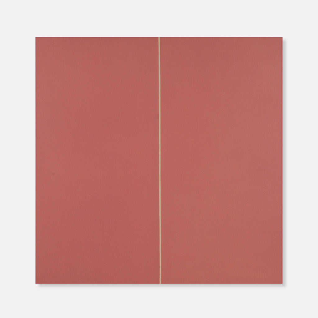 The artwork 'Divinity' by Shyun Song features a minimalist composition with a vertical line dividing a square canvas into two equal parts. The entire piece is painted in a warm terracotta color using oil paint, creating a serene and contemplative atmosphere. The monochromatic surface shows subtle texture variations across its 40x40 inch canvas by Shyun Song.
