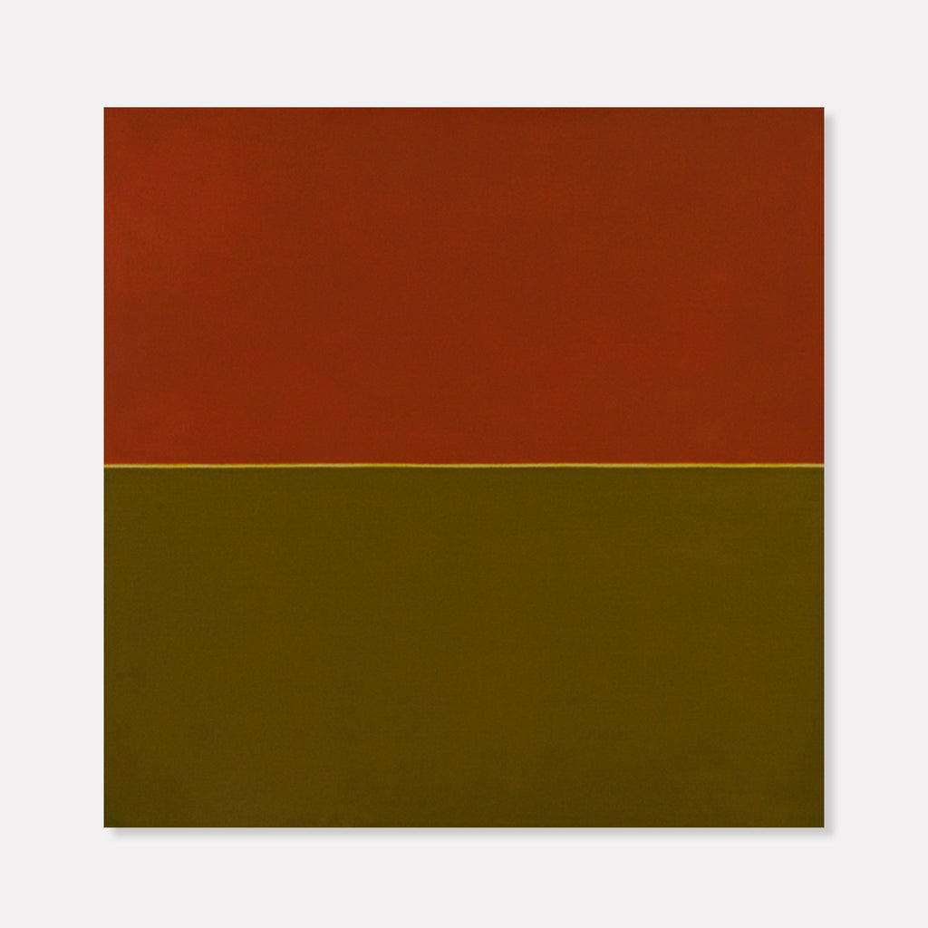 The artwork 'Humanity' by Shyun Song features a minimalist color field composition divided horizontally into two distinct sections. The upper half displays a rich terracotta red, while the lower portion presents a deep olive green. The oil on canvas painting creates a stark, contemplative contrast through its bold geometric abstraction.