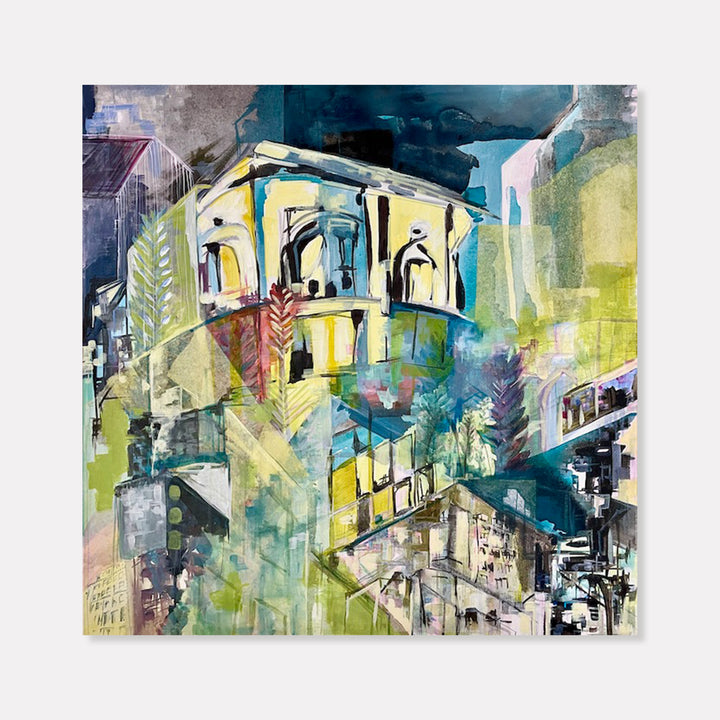 The artwork 'So Long' by Jane Lawrence features an abstract architectural cityscape in vibrant watercolors, with a prominent yellow building featuring arched windows and doorways. Swirling brushstrokes in teal, lime green, and deep blue create a dynamic urban atmosphere, while delicate botanical elements and geometric shapes emerge through layers of translucent paint on canvas. Artist: Jane Lawrence