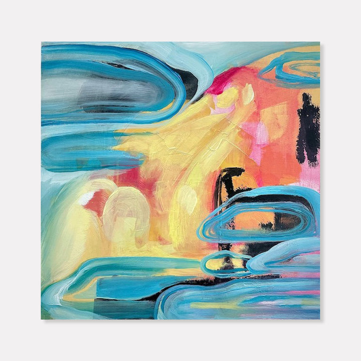 The artwork 'Some of This' features dynamic swirls of turquoise blue and coral pink abstract forms, with bold brushstrokes creating fluid movement across the oil panel. Yellow and pastel tones blend harmoniously, while black accents add depth and contrast. The contemporary abstract piece showcases expressive brushwork and vibrant color interaction. By Jane Lawrence.