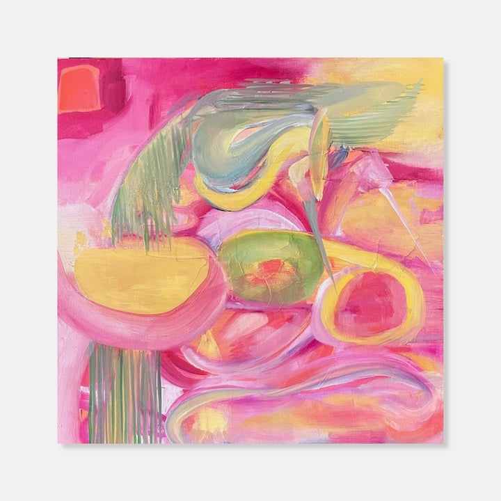 The artwork 'Sometimes Always' features vibrant abstract forms in pink, yellow, and green hues, with flowing curved shapes resembling organic elements. The oil painting on panel showcases dynamic brushstrokes and dripping effects, creating a whimsical, dreamlike composition with a harmonious blend of warm and cool tones. By Jane Lawrence.