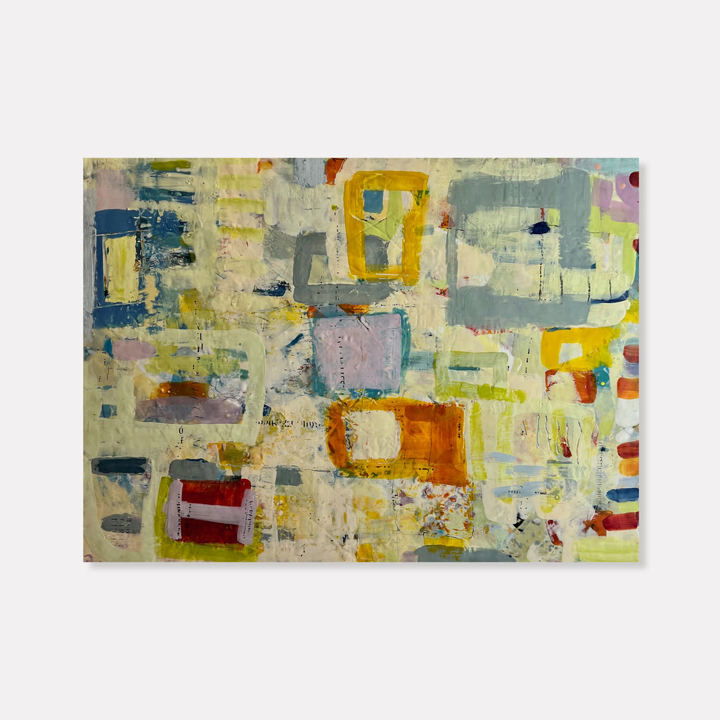 The artwork 'Spring' by Lisa Pressman features an abstract composition with geometric blocks in vibrant yellows, blues, and reds against a muted cream background. The encaustic technique creates textural layers and weathered effects, with gestural brushstrokes and overlapping rectangular forms scattered across the wood panel surface. The 36x48 inch piece evokes an urban landscape through its architectural elements by Lisa Pressman.
