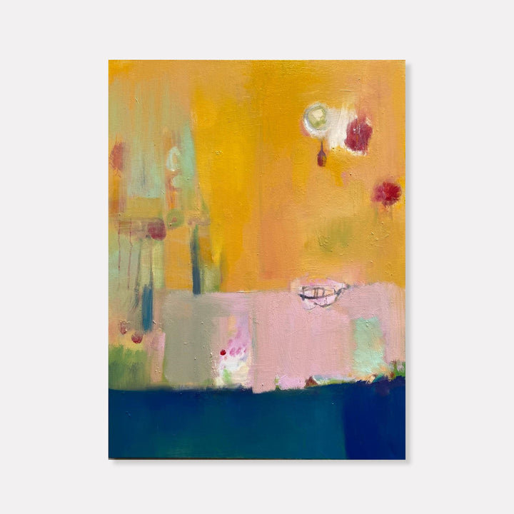 The artwork 'Table Setting' by Kevin McGoff features an abstract composition with vibrant golden yellows blending into soft pink and deep navy blue sections. Delicate burgundy and white accents float across the canvas, creating an ethereal atmosphere. The oil painting showcases textured brushstrokes and a modern, expressionist style with harmonious color transitions.