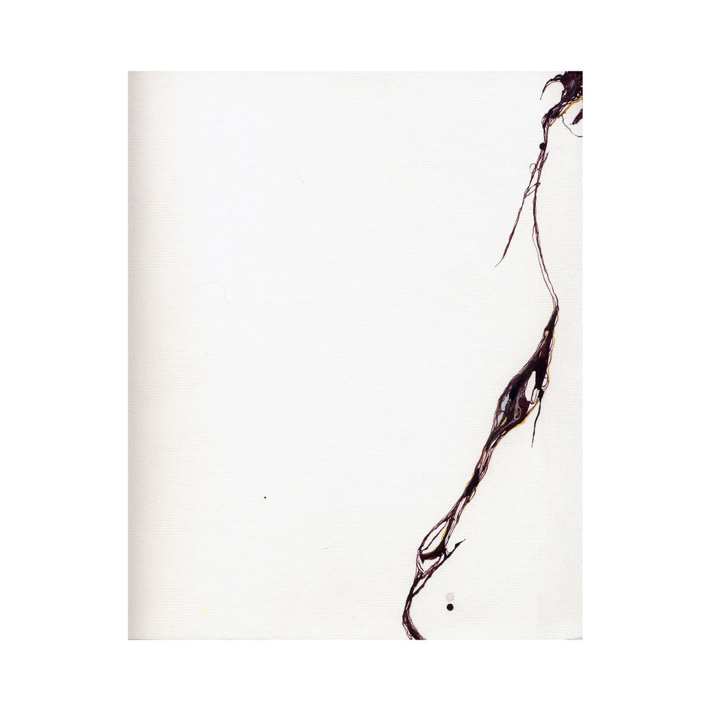 The artwork 'Tensile' by Susan Rowe Harrison features a minimalist black ink drawing on white paper, displaying a dynamic curved line that flows diagonally across the composition, creating a sense of movement and tension through its fluid, calligraphic strokes and varying line weights.