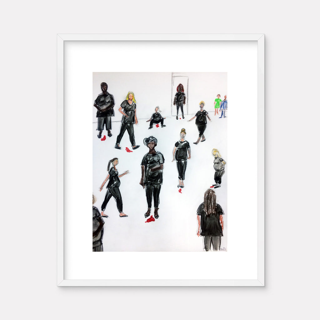 The artwork 'The End...is the beginning' features multiple figures in black attire scattered across a stark white background, with pops of red in their footwear. Created using gouache, colored pencil, and graphite, the composition shows figures in various poses, creating a sense of movement and social distancing. Two figures in bright colors appear in the distance. By Jodie Lyn-Kee-Chow.