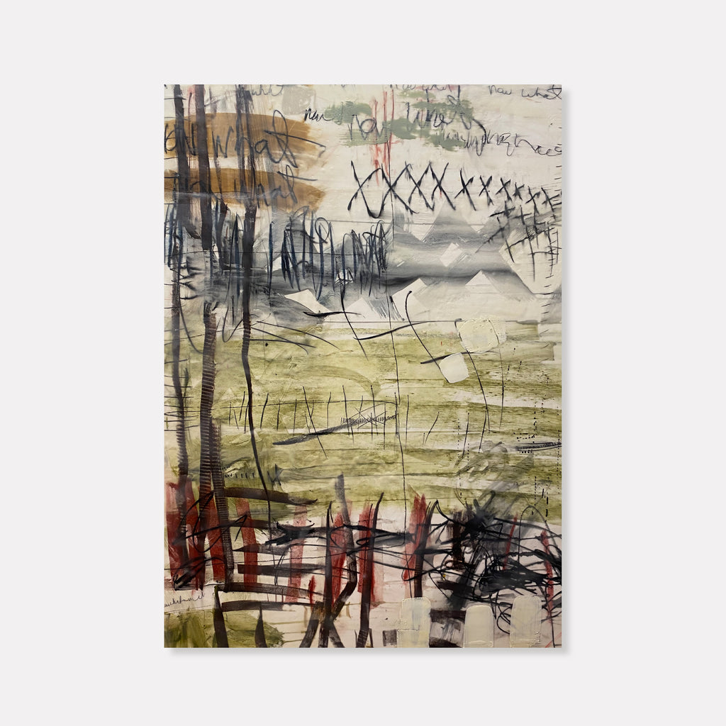 The artwork 'Things That Were Never Said' by Lisa Pressman features abstract expressionist marks in black, red, and olive green against a muted cream background. Gestural brushstrokes and crossed lines create a dynamic composition, while encaustic medium adds textural depth to the wood panel. Raw, energetic marks suggest an emotional landscape of unspoken thoughts.
