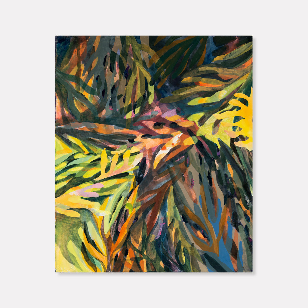 The artwork 'Tide Pool at Night' by Lauren Portada features vibrant tropical foliage in dynamic brushstrokes, combining deep forest greens, luminous yellows, and warm oranges. Abstract palm-like leaves interweave across the canvas, creating a layered effect with collaged textiles and bold acrylic paint, expressing movement and nocturnal energy in a 30x36 inch composition.