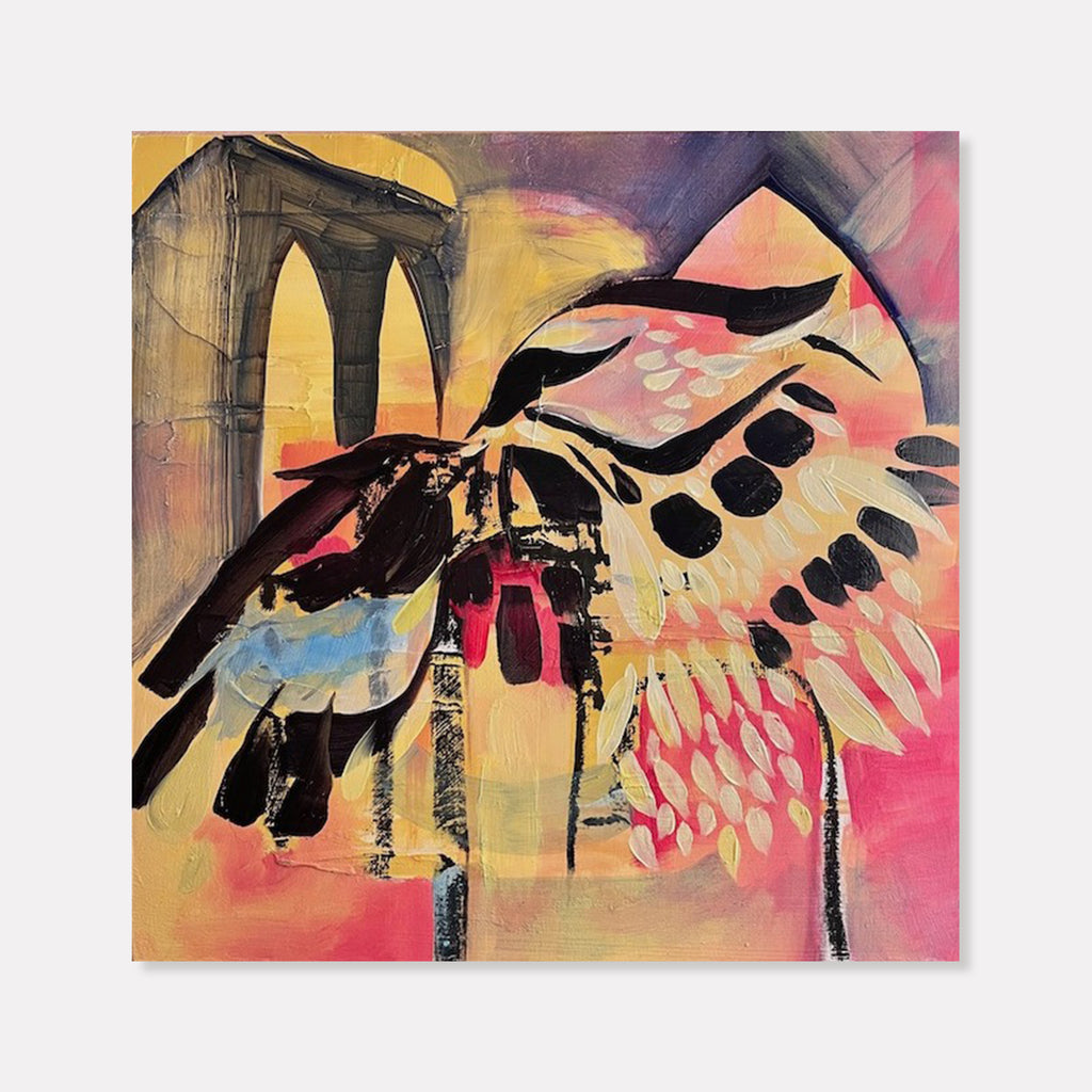 The artwork 'To the Sea' by Jane Lawrence features an abstract composition with a dramatic black bird silhouette against vibrant yellow and pink backgrounds. Bold brushstrokes depict wing patterns and architectural arches, creating dynamic movement through contrasting dark and light elements. Oil on panel captures textural depth through layered paint and expressive technique. By Jane Lawrence.