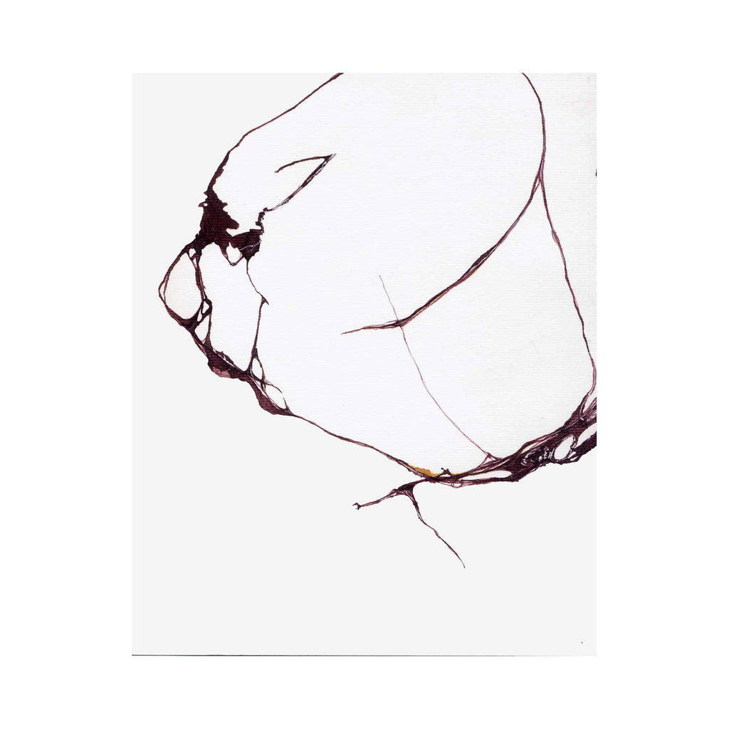 The artwork 'Todo a' by Susan Rowe Harrison features a minimalist ink drawing on white paper showcasing delicate, fluid lines in deep burgundy creating an abstract profile silhouette. The loose, expressive brushstrokes demonstrate a graceful, gestural style characteristic of spontaneous ink work, measuring 9.5 x 10.75 inches by Susan Rowe Harrison.