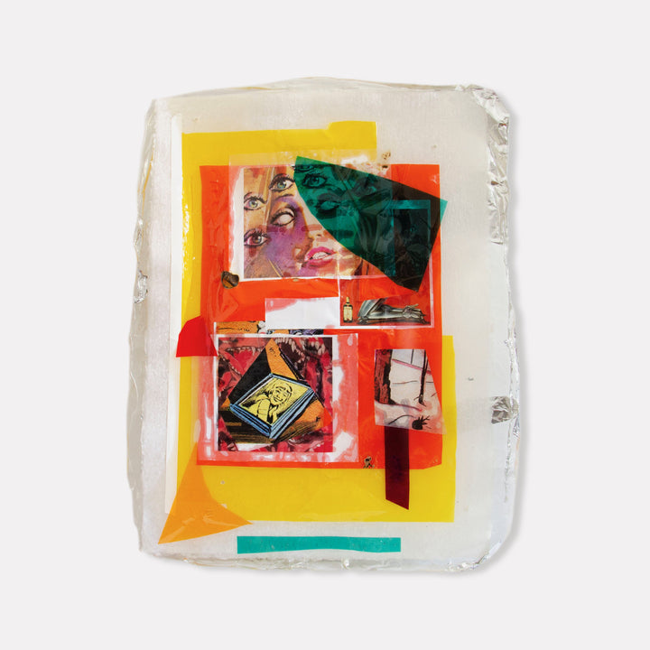 The artwork 'Canticle' by Travis Witmer features a vibrant mixed media resin collage combining layered geometric shapes in yellow, orange, red, and emerald green. Abstract elements create a dynamic composition against a white background, with textural details and overlapping translucent fragments. The piece showcases a modern assemblage style measuring 32.5 x 25.5 inches by Travis Witmer.