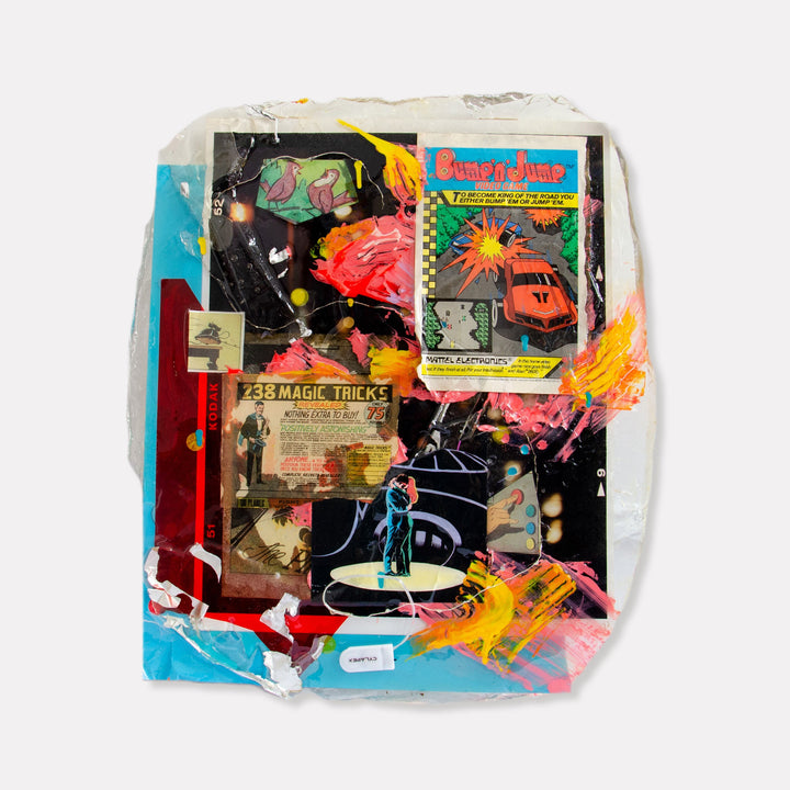 The artwork 'Smoke and Mirrors' by Travis Witmer features a vibrant mixed media collage combining vintage ephemera, comic book imagery, and bold splashes of neon pink, yellow, and turquoise. The layered composition includes retro advertisement clippings, magic show posters, and illustrated book covers, sealed in glossy resin, creating a nostalgic yet contemporary visual narrative.