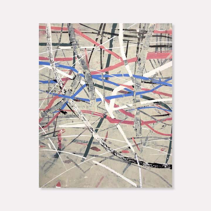 The artwork 'Electrification' by Shira Toren features an abstract composition of intersecting lines in red, blue, and black against a light gray background. Dynamic brushstrokes create a sense of movement and energy, with bold diagonal stripes crisscrossing the canvas in a seemingly random yet balanced pattern. The textural elements and layered paint application suggest an industrial or urban influence.