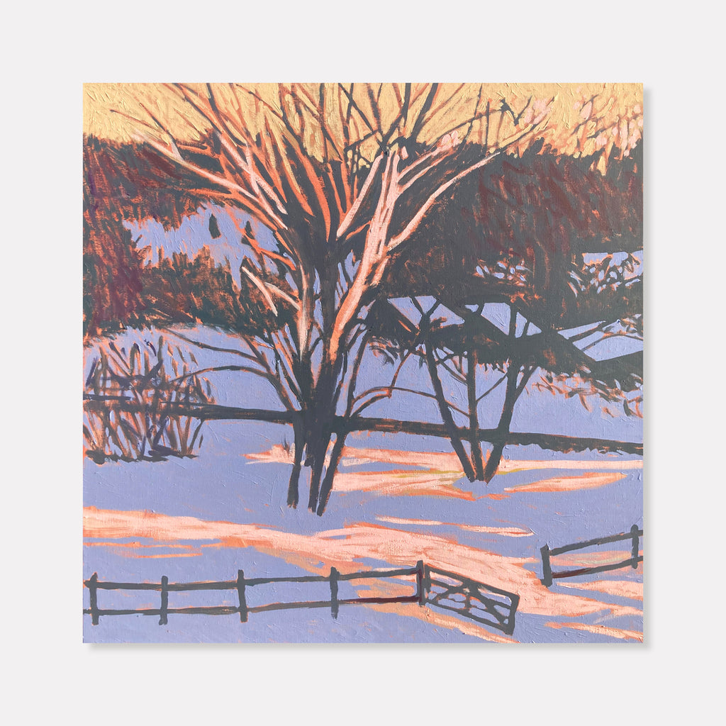 The artwork 'Garden Gate' by Justin Shull depicts a serene winter landscape with bare trees silhouetted against a purple-blue snow-covered ground. A rustic wooden fence curves through the foreground, casting long shadows in warm peach-colored evening light. The acrylic on linen painting, measuring 34x34 inches, captures the stark beauty of winter with bold brushstrokes and contrasting colors.