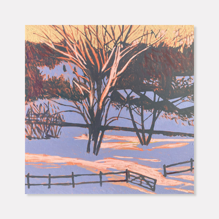 The artwork 'Garden Gate' by Justin Shull depicts a serene winter landscape with bare trees silhouetted against a purple-blue snow-covered ground. A rustic wooden fence curves through the foreground, casting long shadows in warm peach-colored evening light. The acrylic on linen painting, measuring 34x34 inches, captures the stark beauty of winter with bold brushstrokes and contrasting colors.