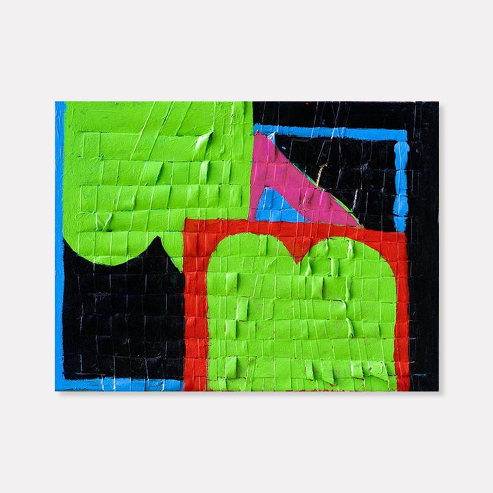 The artwork 'Lots of suggestions Lots of Compliments' by Gyan Shrosbree features bold geometric shapes in vibrant lime green, electric blue, and hot pink against a black background. The abstract composition showcases textured, mosaic-like surfaces with distinctive brush strokes and layered acrylic paint on stretched canvas, creating a dynamic modern aesthetic.