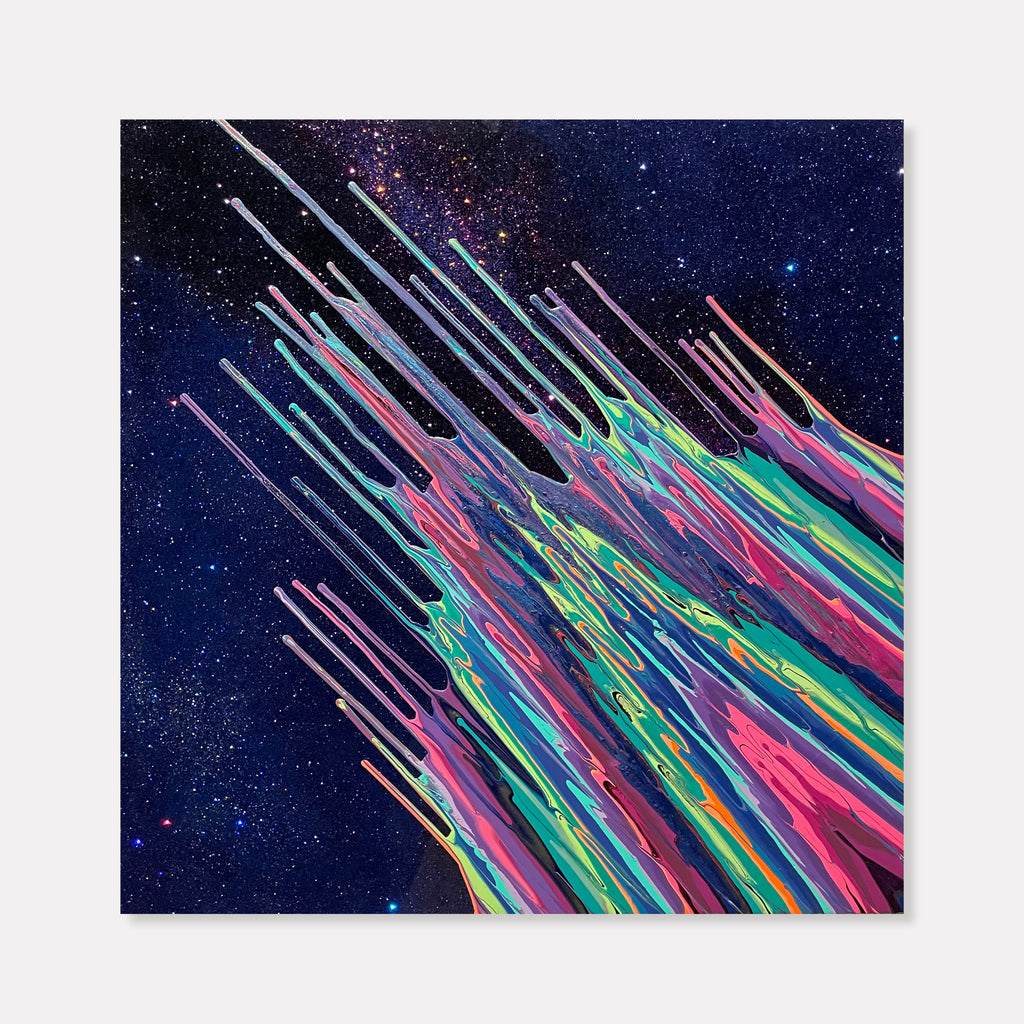 Galaxy Kinetic e-XI by Paola Gracey features dynamic diagonal streaks in vibrant neon pink, turquoise, and yellow against a deep midnight blue starry background. The glitter and epoxy resin create a luminous effect, with metallic streaks resembling meteor showers or cosmic energy trails through space.