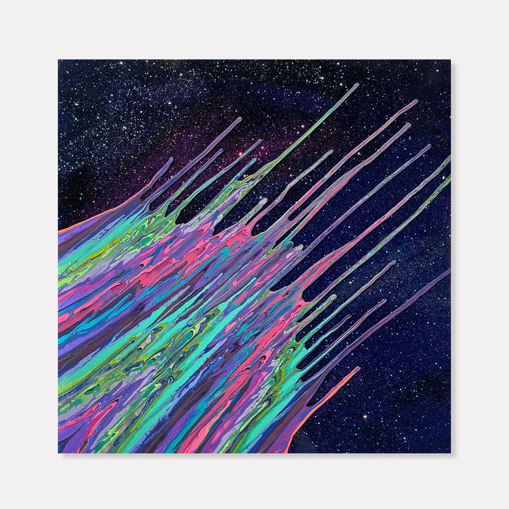 The artwork 'Galaxy Kinetic e-' by Paola Gracey features dynamic diagonal streaks of iridescent colors against a deep navy starlit background. Vibrant turquoise, pink, and purple paint strokes appear to shoot across the canvas like cosmic meteors, enhanced with sparkling glitter and glossy epoxy resin finish, creating a mesmerizing abstract interpretation of celestial movement.