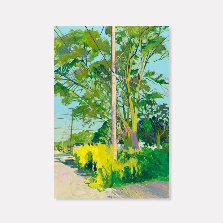 The artwork 'Intersections' by Justin Shull captures a vibrant urban landscape featuring tall trees with lush green foliage against a serene blue sky. Power lines intersect the scene while bright yellow wildflowers border a light-colored pathway. Created with acrylic and acrylic gouache, the piece showcases an expressive contemporary style with bold brushstrokes and dynamic color contrasts. By Justin Shull.