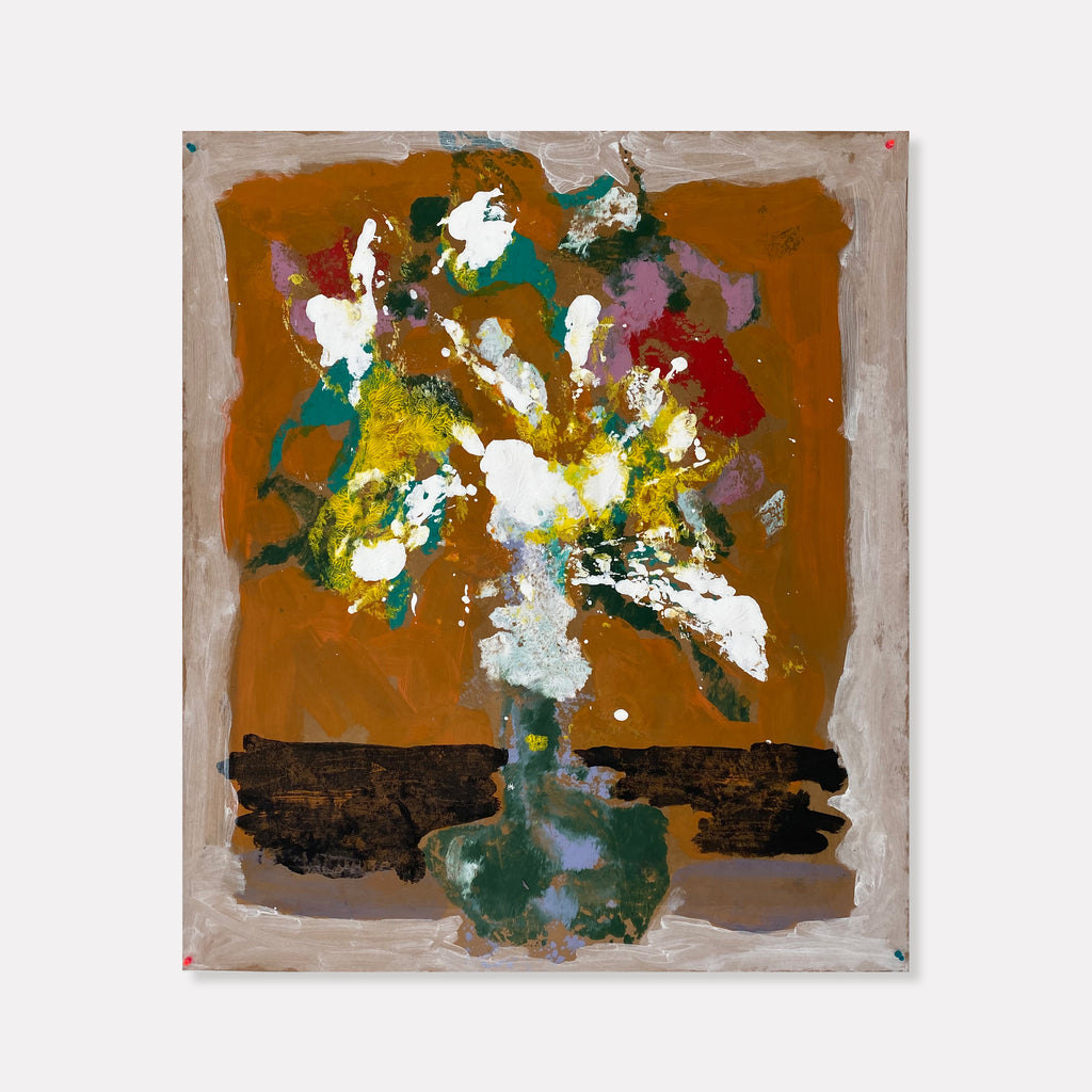 The artwork 'Still Life 1' by James Greco features an abstract floral arrangement in a teal vase against a warm amber background. Bold splashes of white, yellow, red, and green create a dynamic composition, with expressive brushstrokes and textural elements achieved through acrylic and tempera techniques on paper. The painting's gestural style evokes modern expressionism.