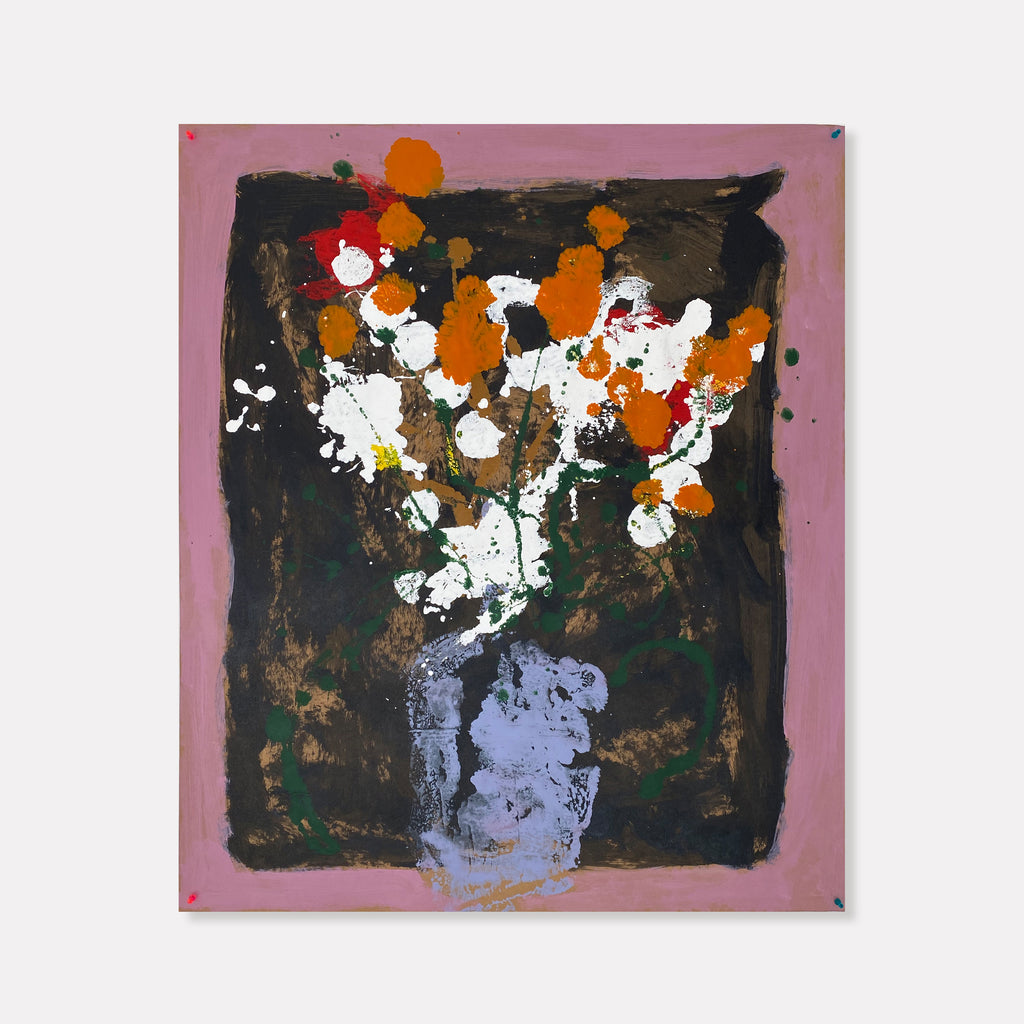 The artwork 'Still Life 3' by James Greco features an abstract floral composition with energetic splashes of white and burnt orange against a dark earthy background. A periwinkle blue vase anchors the piece, while expressive paint splatters create a dynamic bouquet effect. The acrylic and tempera on paper artwork combines gestural brushwork with a modern abstract approach to still life painting. By James Greco.