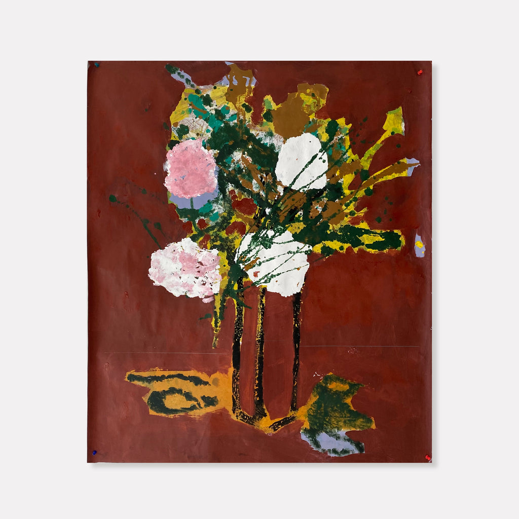The artwork 'Still Life 4' by James Greco features an abstract floral arrangement against a rich burgundy background. Bold brushstrokes depict white and pink blooms with green foliage in a suggested golden vase. The composition uses acrylic and tempera to create textural elements and spontaneous splashes, embodying a contemporary expressionist approach by James Greco.