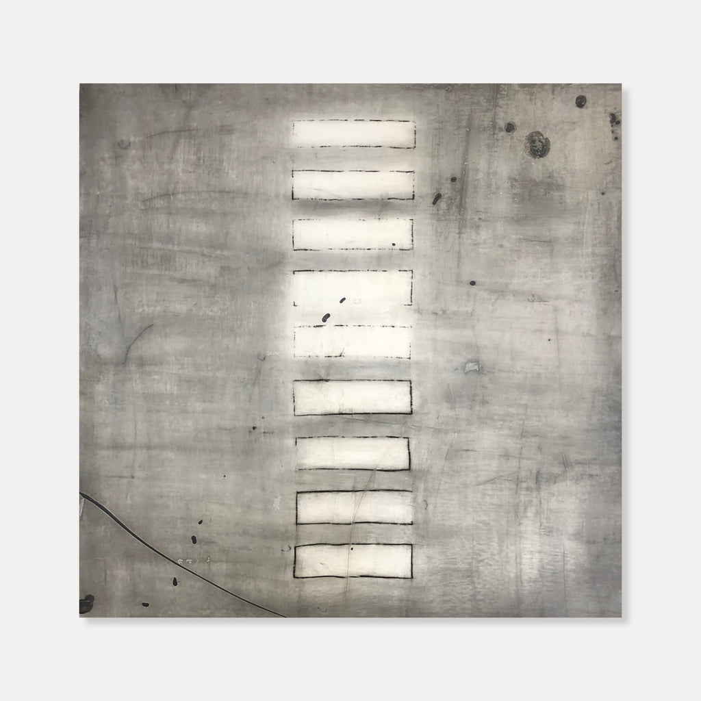 The artwork 'Limestone' by Shira Toren features a minimalist composition with ten horizontal white rectangular shapes arranged vertically on a textured gray background. Created with Venetian plaster and pigment on canvas, the piece exhibits a weathered, industrial aesthetic with subtle scratches and marks throughout the 36x36 inch surface. A single curved line traverses the lower portion, adding dynamic contrast to the geometric elements.