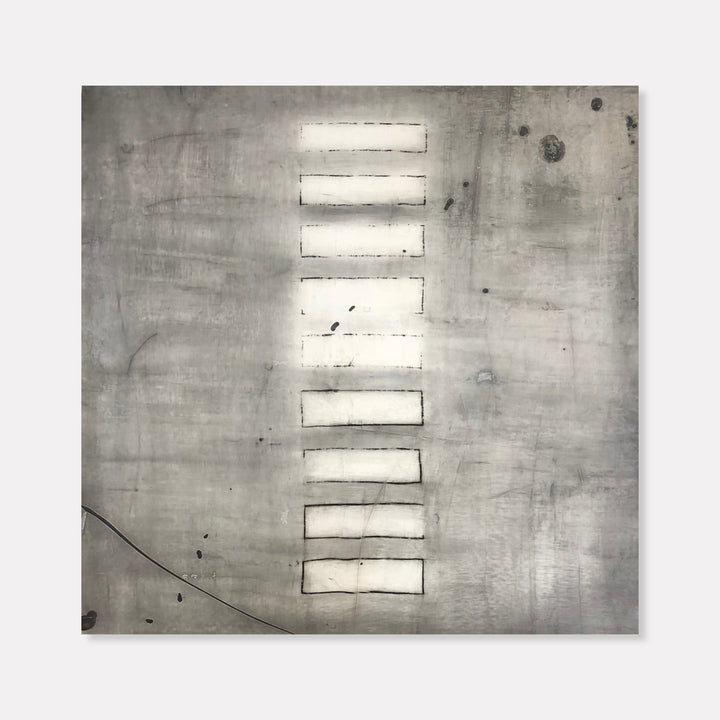 The artwork 'Limestone' by Shira Toren features a minimalist composition with ten white rectangular bars arranged vertically on a textured gray background. The abstract print showcases a distressed, industrial aesthetic with subtle scratches and marks across the 36x36 inch surface, creating a raw, contemporary feel. The geometric pattern appears to float against the weathered backdrop.