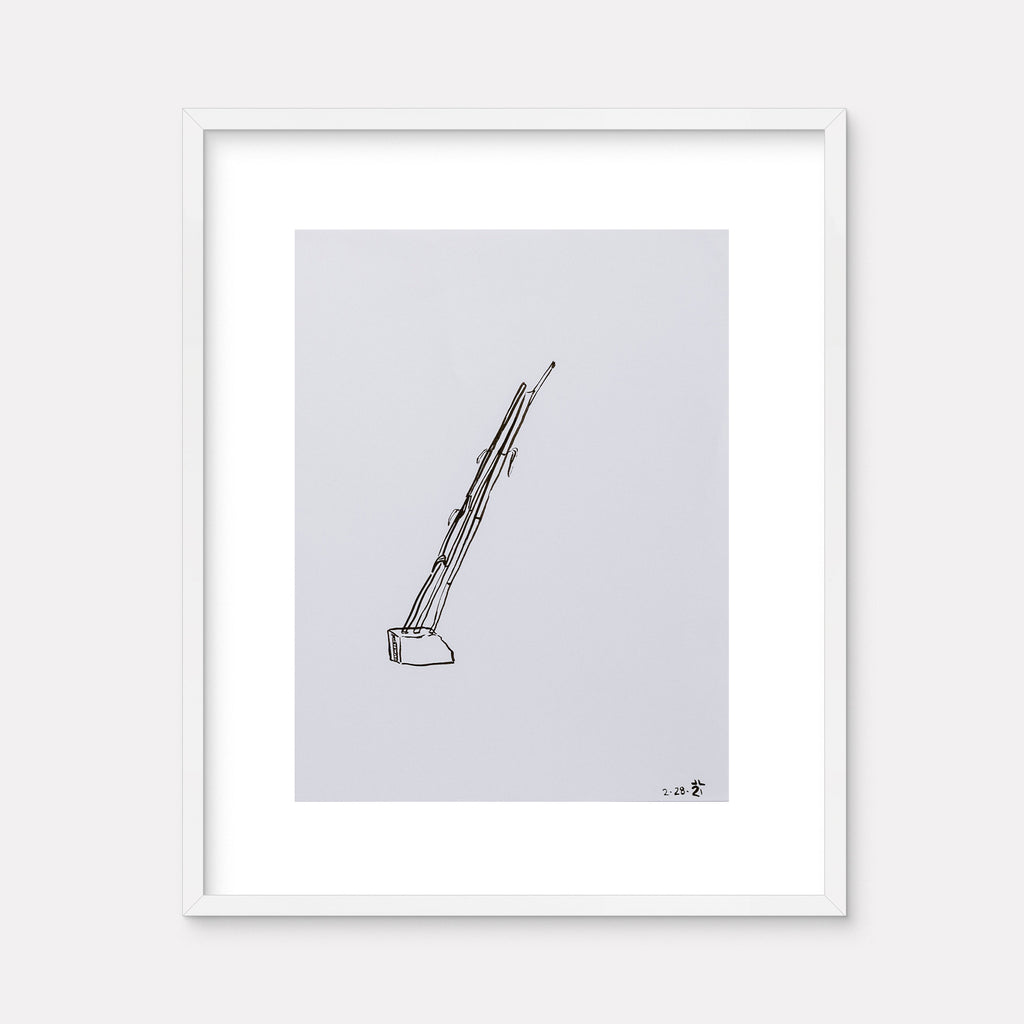 The artwork 'Moon Garden' by Jodie Lyn-Kee-Chow features a minimalist black ink drawing on light gray paper, depicting a simple geometric structure with ascending parallel lines creating a diagonal composition. The delicate brushwork creates a stark contrast against the clean background, with precise linework suggesting architectural elements or construction forms.