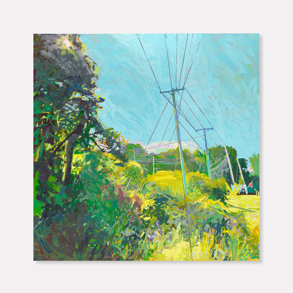 The artwork 'Out of the Woods' by Justin Shull depicts a vibrant landscape with power lines cutting across a turquoise sky. Lush green foliage and trees dominate the left side, while sunlit yellow meadows stretch into the distance. Created in acrylic and acrylic gouache, the painting captures a contemporary pastoral scene with bold, expressive brushstrokes and dynamic composition. By Justin Shull.