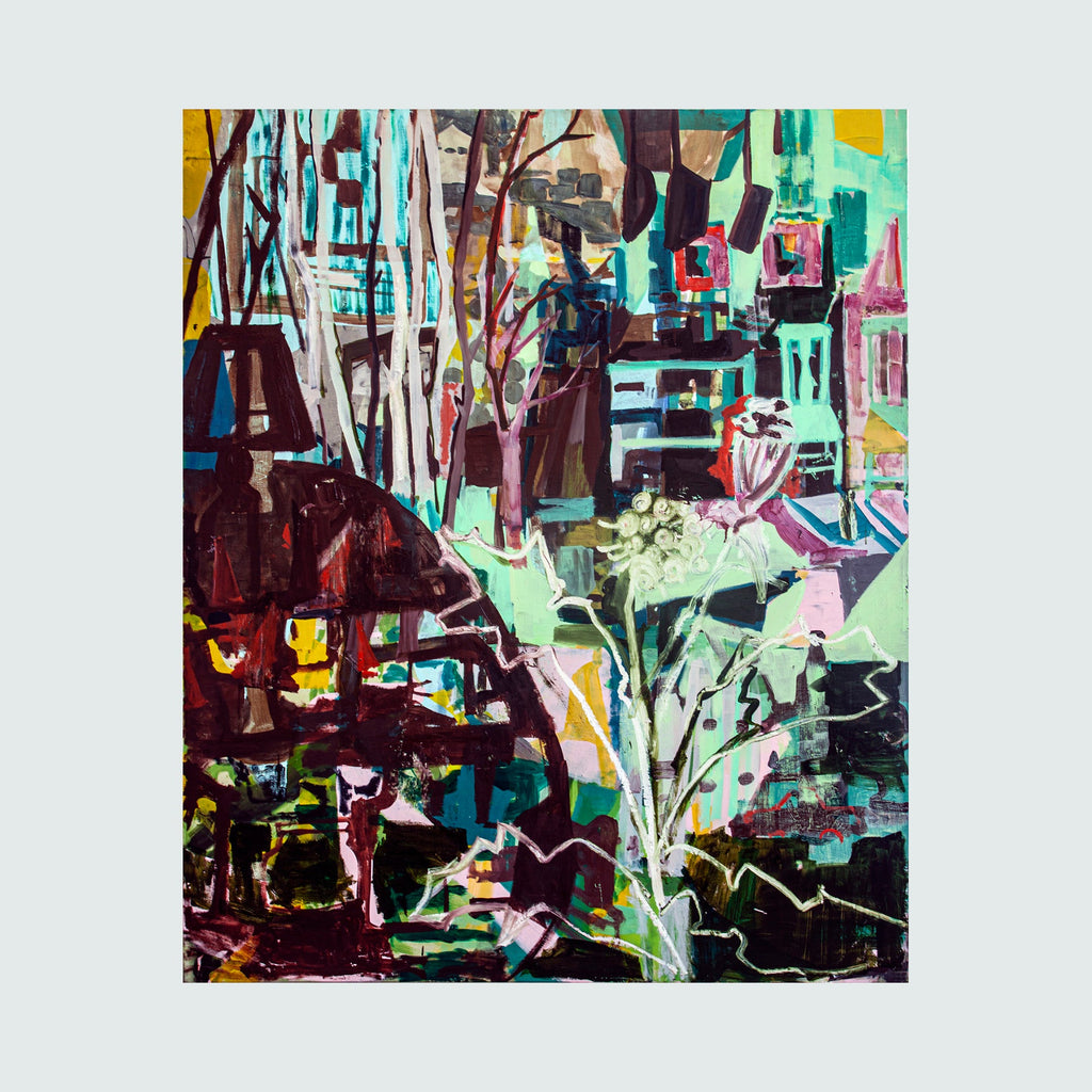 The artwork 'Queen Anne's Lace' by Allison Gildersleeve features an abstract urban landscape rendered in vibrant oils. White vertical brushstrokes suggest delicate lace-like florals against a dynamic background of turquoise, burgundy, and pink geometric shapes. The composition merges organic and architectural elements through expressive, layered brushwork on canvas.