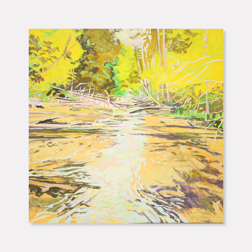 The artwork 'River Flows' by Justin Shull captures a vibrant landscape with a meandering river in acrylic gouache. Brilliant yellow and golden hues dominate the scene, with fluid brushstrokes creating rippling water effects. Green foliage frames the composition, while white highlights suggest sunlight reflecting off the water's surface. The 36x36 inch panel showcases an impressionistic style with dynamic movement. By Justin Shull.