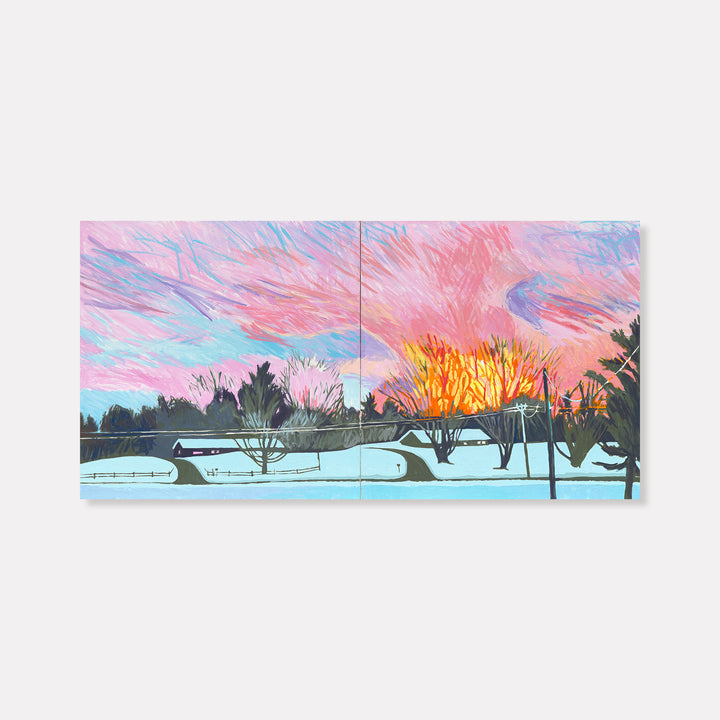 The artwork 'Sunfire' by Justin Shull captures a vibrant winter sunset landscape with blazing orange and golden rays piercing through silhouetted trees against a cotton-candy pink and blue sky. Snow-covered ground reflects cool turquoise tones, creating a striking contrast with the warm sunset colors in this acrylic on canvas painting. By Justin Shull.