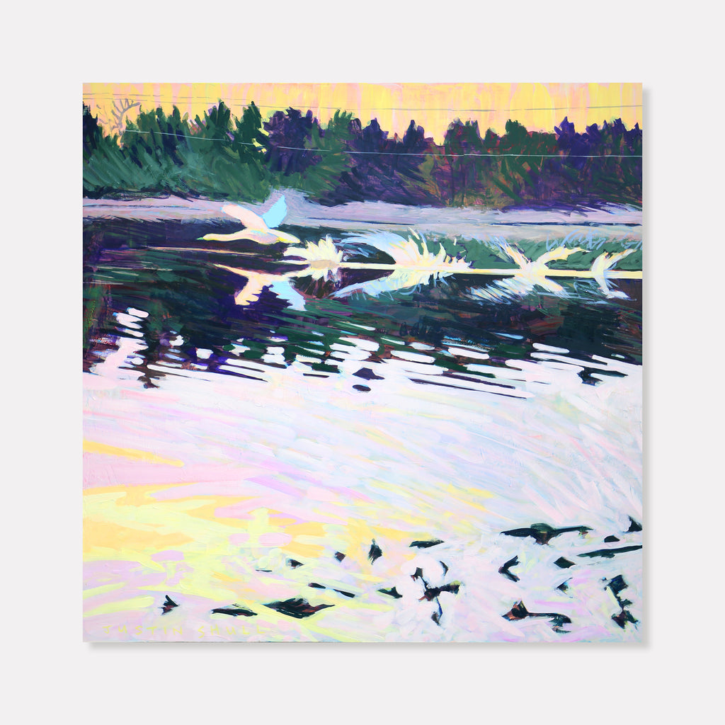 The artwork 'Swan Taking Flight' by Justin Shull captures a serene lake scene with white swans in graceful motion across dark waters. Ethereal yellow and pink sunset hues illuminate the sky, while deep green pine trees line the shoreline. The acrylic gouache painting on cradled panel creates a dramatic contrast between the birds' white forms and the water's reflective surface, rendered in bold, expressive brushstrokes.