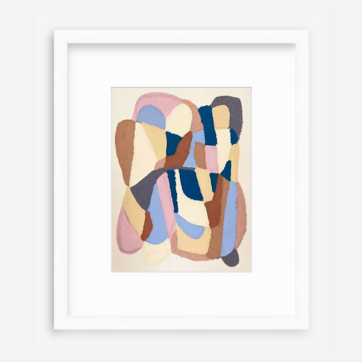 The artwork 'Pale Blue and Peach on Beige' by Alicia Little features abstract organic shapes in soft pastels, combining curved forms in pale blue, peach, and brown tones. The composition flows with gentle undulating lines, created using oil pastel and gouache on paper, presenting a harmonious modern abstract design in a white frame.