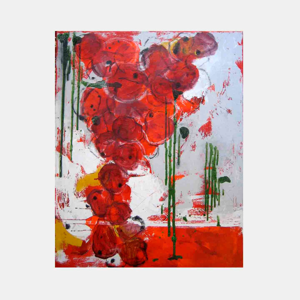 The artwork 'Palma' by Shira Toren features vibrant red abstract floral forms ascending vertically against a white background, complemented by striking green vertical lines suggesting stems. The acrylic painting exhibits expressive brushstrokes, textural elements, and splatter techniques, creating a dynamic contemporary interpretation of botanical forms on canvas.