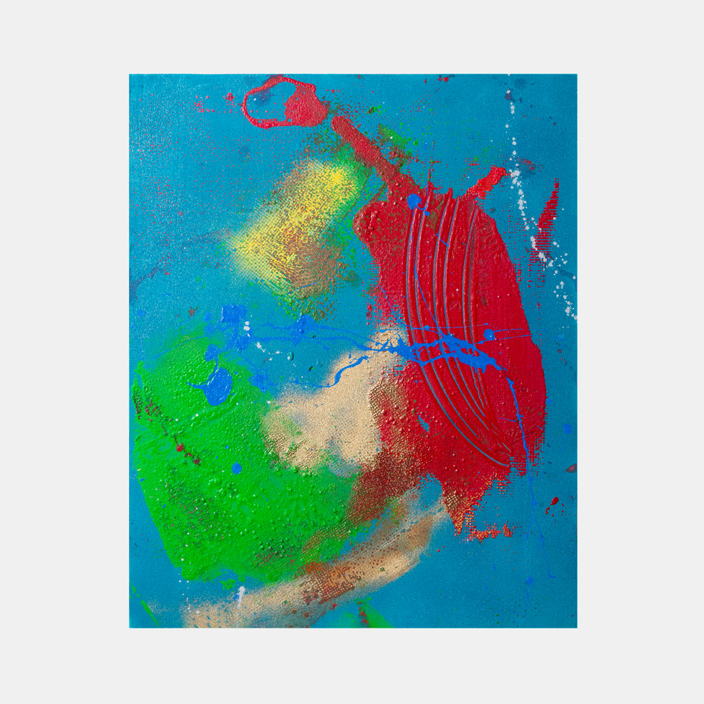 The artwork 'Pangaea' by Cavier Coleman features vibrant abstract shapes reminiscent of continental drift. A bold red mass dominates the right side, with striking blue streaks cutting through it. Emerald green forms sweep across the left, while a golden glow radiates from the center. The turquoise background enhances the dynamic interplay of acrylic and spray paint textures on canvas.