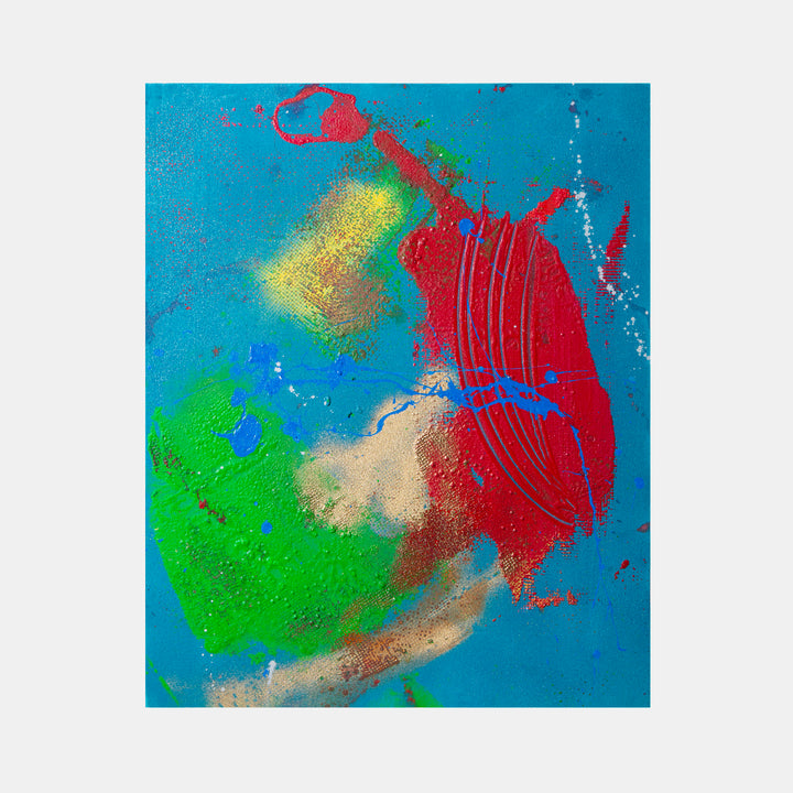 The artwork 'Pangaea' by Cavier Coleman features vibrant abstract shapes reminiscent of continental drift. A bold red mass dominates the right side, with striking blue streaks cutting through it. Emerald green forms sweep across the left, while a golden glow radiates from the center. The turquoise background enhances the dynamic interplay of acrylic and spray paint textures on canvas.