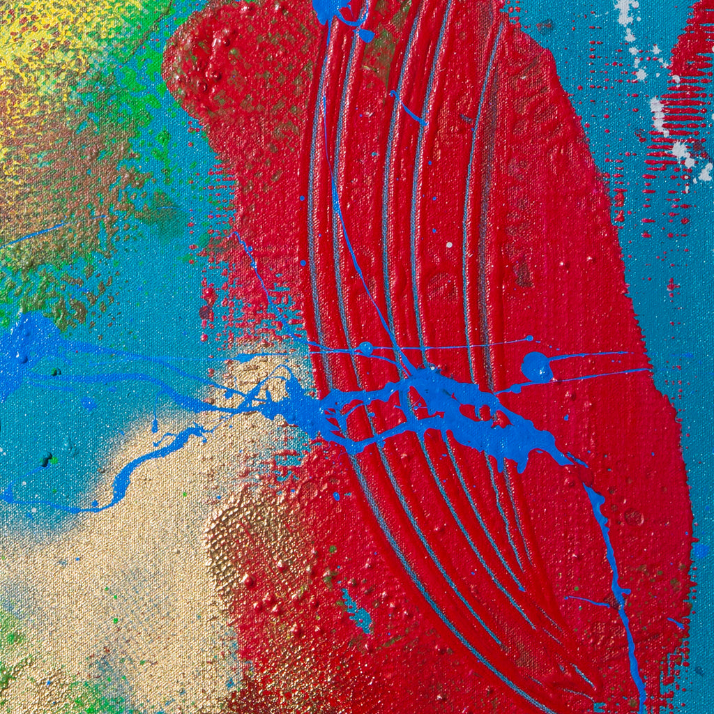 The artwork 'Pangaea' by Cavier Coleman features a vibrant abstract composition with a dominant crimson red mass intersected by electric blue streaks. The textured surface, created with acrylic and spray paint, includes golden sandy tones and emerald green accents, reminiscent of aerial views of geological formations on canvas. - Cavier Coleman