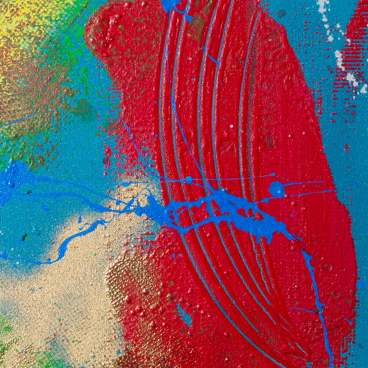 The artwork 'Pangaea' by Cavier Coleman features a vibrant abstract composition with a dominant crimson red mass intersected by electric blue streaks. The textured surface, created with acrylic and spray paint, includes golden sandy tones and emerald green accents, reminiscent of aerial views of geological formations on canvas. - Cavier Coleman