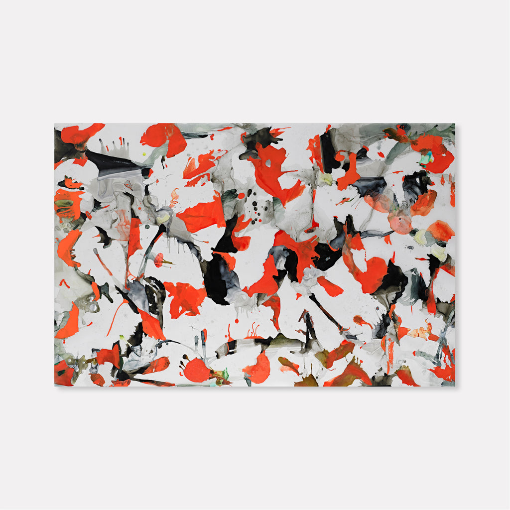The artwork 'Pantone 021 in the Night' by Linda Lee Nicholas features a dynamic abstract composition with vibrant orange splashes against a white background, accented with bold black strokes. The expressive acrylic painting on Dibond showcases an energetic pattern of gestural marks, creating a sense of movement and spontaneity across the 48x73 inch surface.