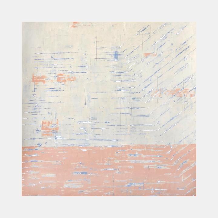 The artwork 'Paper Butterfly' by Shira Toren features a minimalist abstract composition created with Venetian plaster and pigments on canvas. The piece displays a diagonal pattern of delicate blue brushstrokes across a cream-colored upper section, contrasting with a salmon-pink lower portion. Textural elements suggest movement and ethereal lightness.