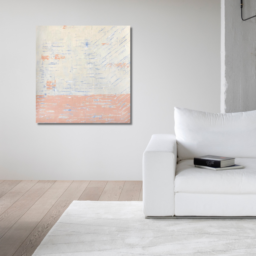 The artwork 'Paper Butterfly' by Shira Toren features a minimalist abstract composition with a split horizon design. Soft coral pink hues blend with textured white Venetian plaster on canvas, creating a delicate, weathered surface. Subtle blue accents appear as gentle brushstrokes across the upper portion, reminiscent of drifting butterfly wings in a misty sky.