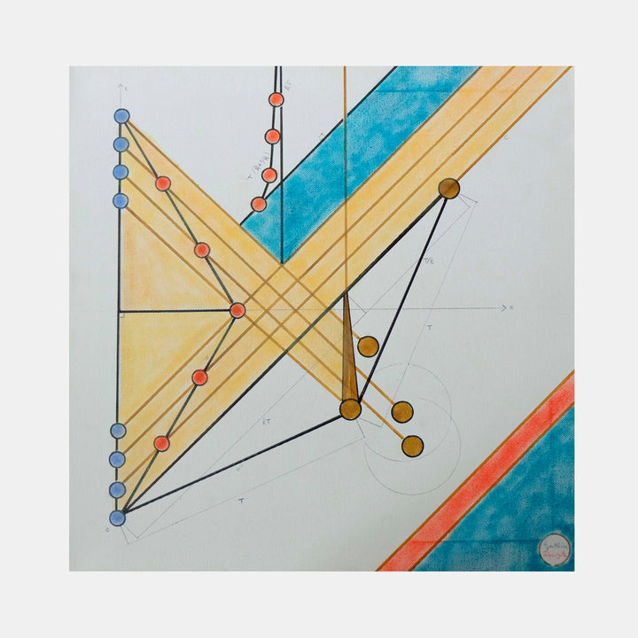 The artwork 'Paradoxe' by Gauthier Denoyelle features geometric abstract composition with intersecting golden lines and colorful dots in blue, red, and brown. The design includes diagonal beige triangular forms, turquoise angular accents, and precise linear patterns arranged in a modern minimalist style, created using marker, crayon and pencil on stretched canvas.