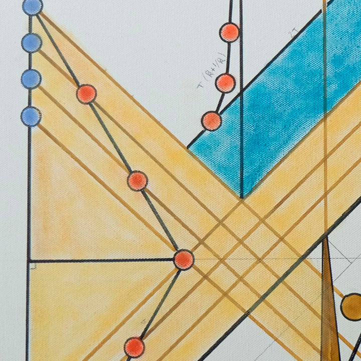 The artwork 'Paradoxe' by Gauthier Denoyelle features geometric abstract composition with intersecting diagonal lines in beige and turquoise. Red and blue circular nodes connect along thin black lines, creating a network pattern reminiscent of subway maps or circuit diagrams. Created with marker, crayon and pencil on 18x18 inch canvas.