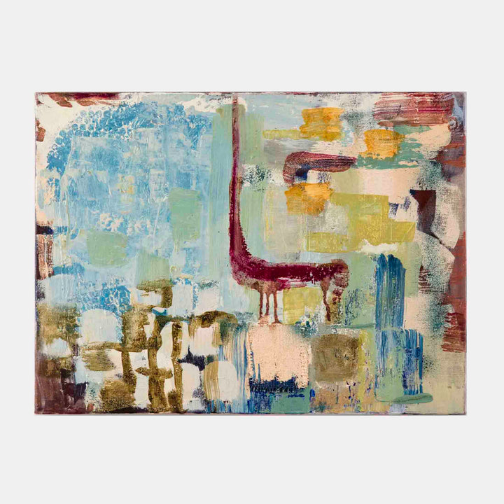 The artwork 'Paros Path' by Molly Herman features an abstract composition with textural brushstrokes in blue, burgundy, and golden hues on burlap and linen. Bold gestural marks create dynamic movement across the canvas, with a distinctive burgundy curved form dividing cool and warm color fields. Layers of paint reveal underlying textures, showcasing an expressionist style at 18x24 inches.