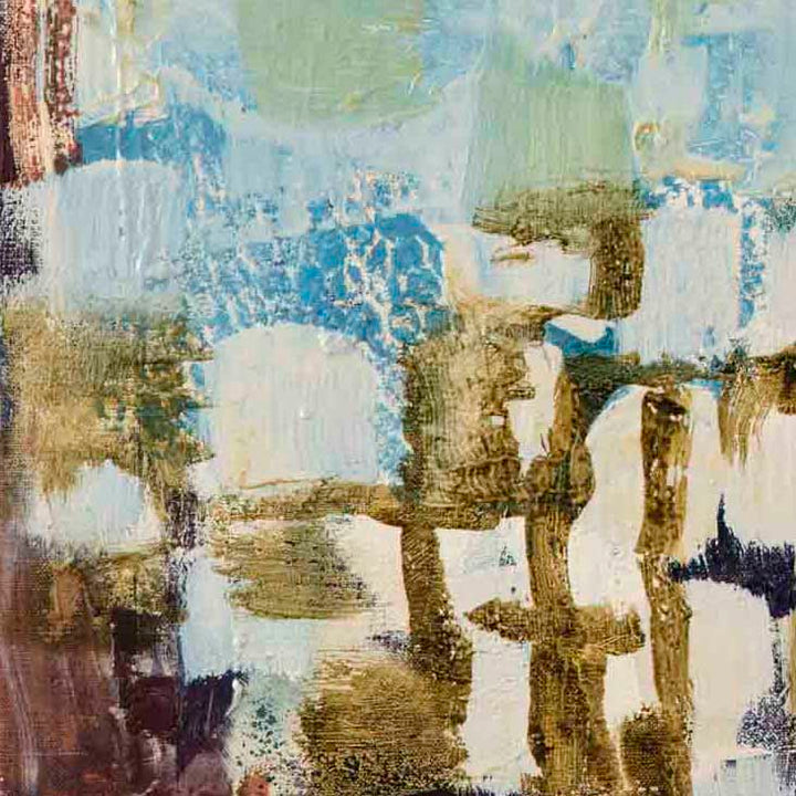 The artwork 'Paros Path' by Molly Herman features layered abstract brushstrokes in earthy browns, sky blues, and creamy whites. Textural burlap and linen surfaces create depth through weathered, distressed effects. Bold gestural marks and organic shapes evoke a coastal landscape with rich impasto technique and exposed canvas elements.